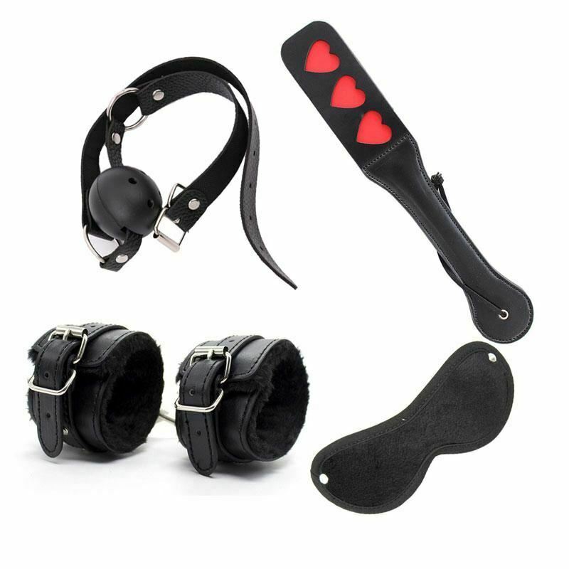 4 Pcs / Set Black Bdsm Beginners Starter Kit Heart Paddle Blindfold Cuffs Ball Gag