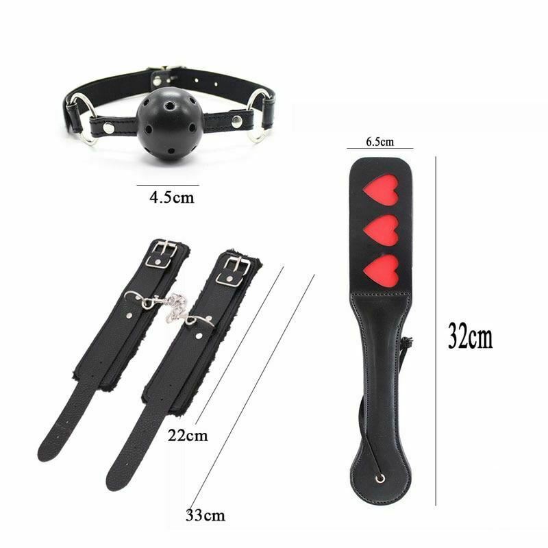 4 Pcs / Set Black Bdsm Beginners Starter Kit Heart Paddle Blindfold Cuffs Ball Gag