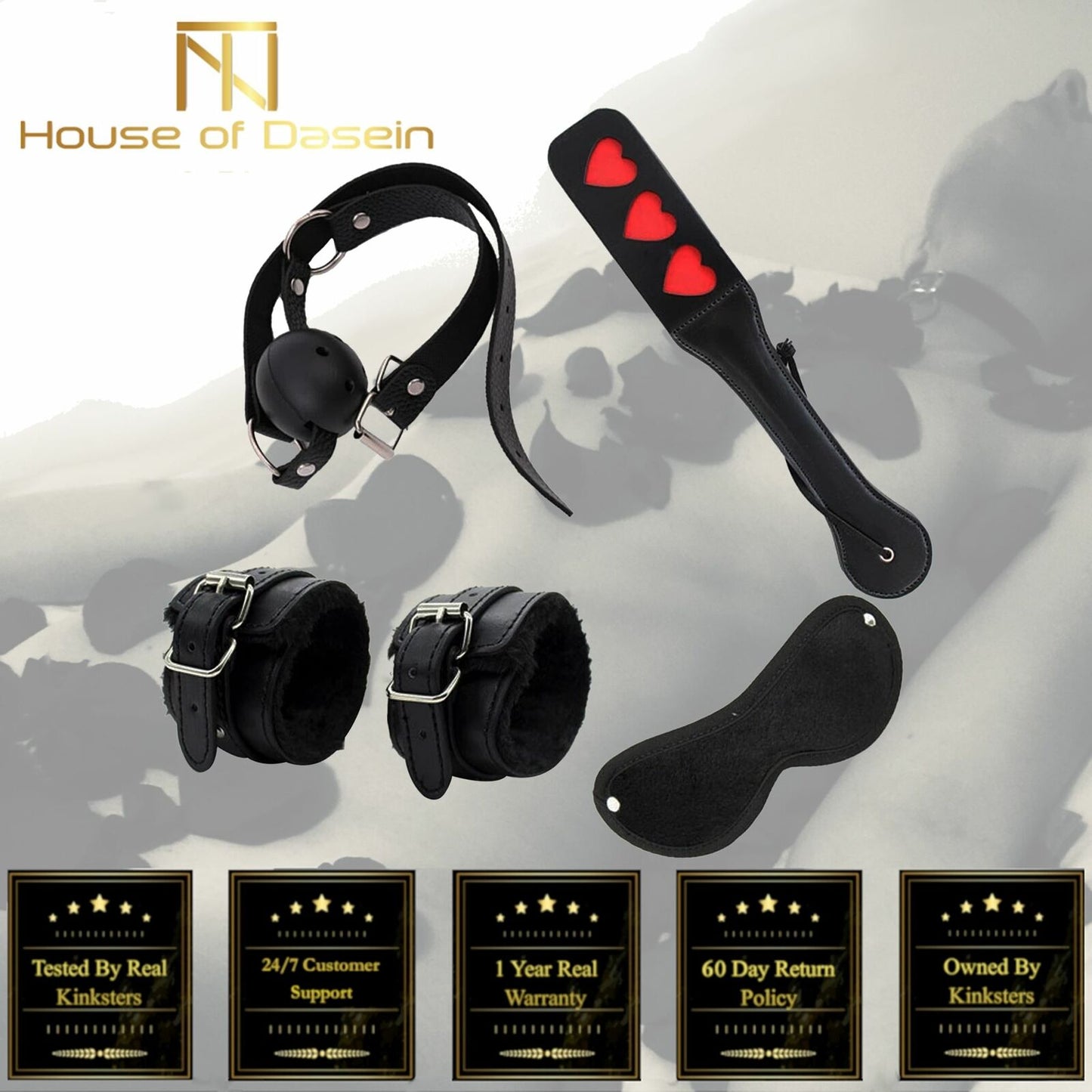 4 Pcs / Set Black Bdsm Beginners Starter Kit Heart Paddle Blindfold Cuffs Ball Gag