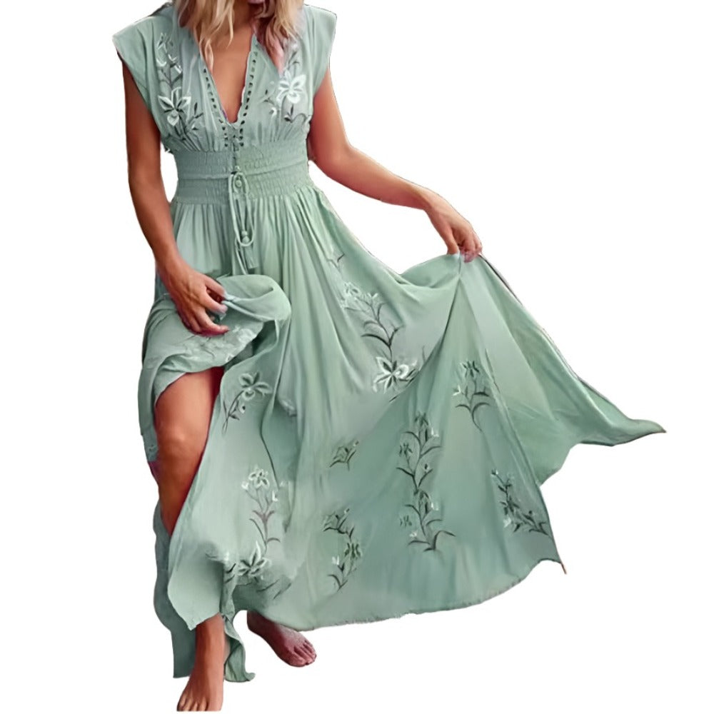 New V-Neck Fringed Bohemian Print Long Skirt Summer Sleeveless Loose Casual Beach Dress