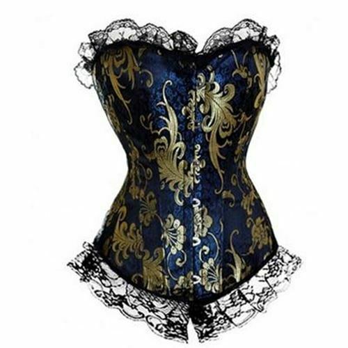 Blue Red Corset Gold Lace Trim Sexy Lingerie Kink Bdsm Fetish Clothing
