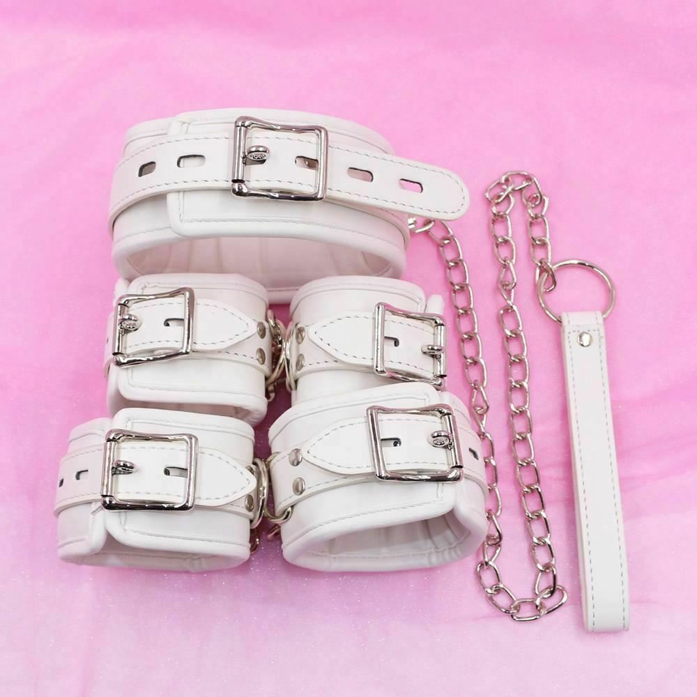 White Padded Collar Cuffs Ankle Wrist Leash Bondage Kink Bdsm Kit