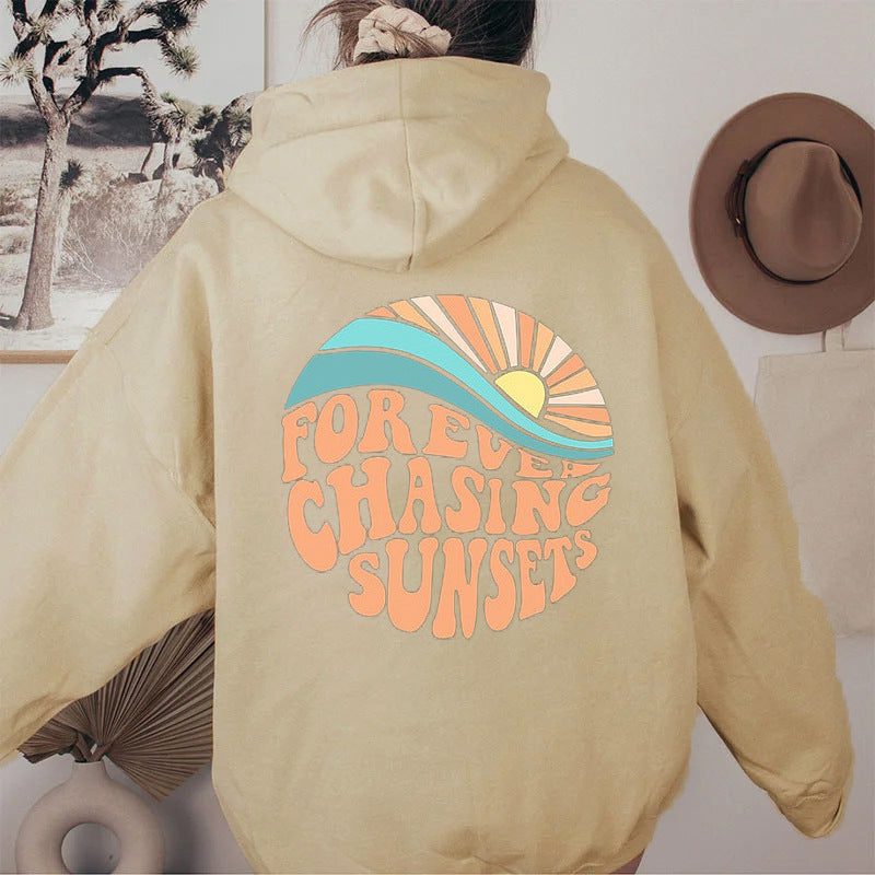 Women Fleece Lined Sunset Print Kangaroo Pocket Drawstring Hoodie