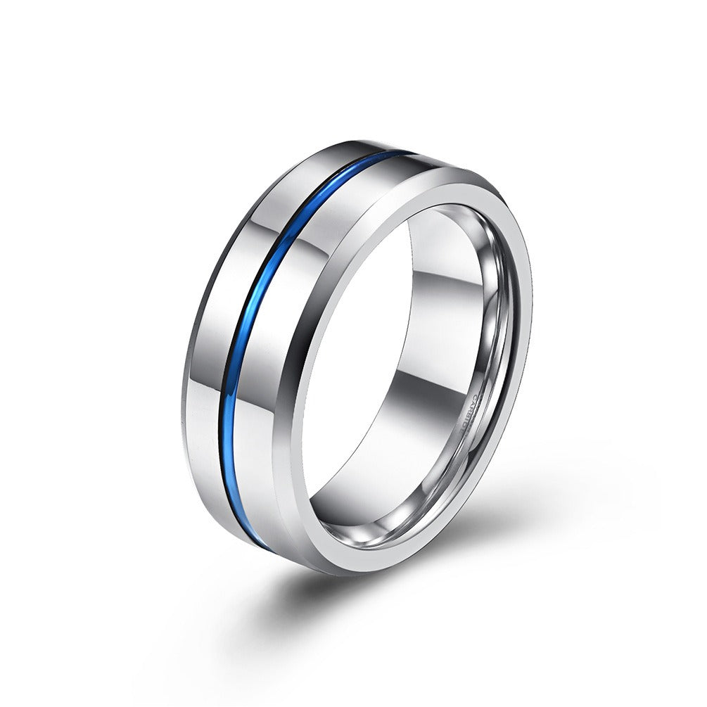 Blue Tungsten Gold Simple Mens Ring With Ribbon Wear Resistant Design