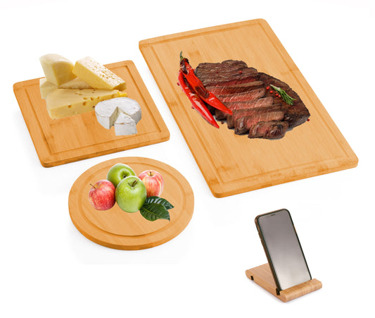 Carla Home 3 Pieces Bamboo Cutting Board With Juice Groove And Mobile Holder Included For Kitchen