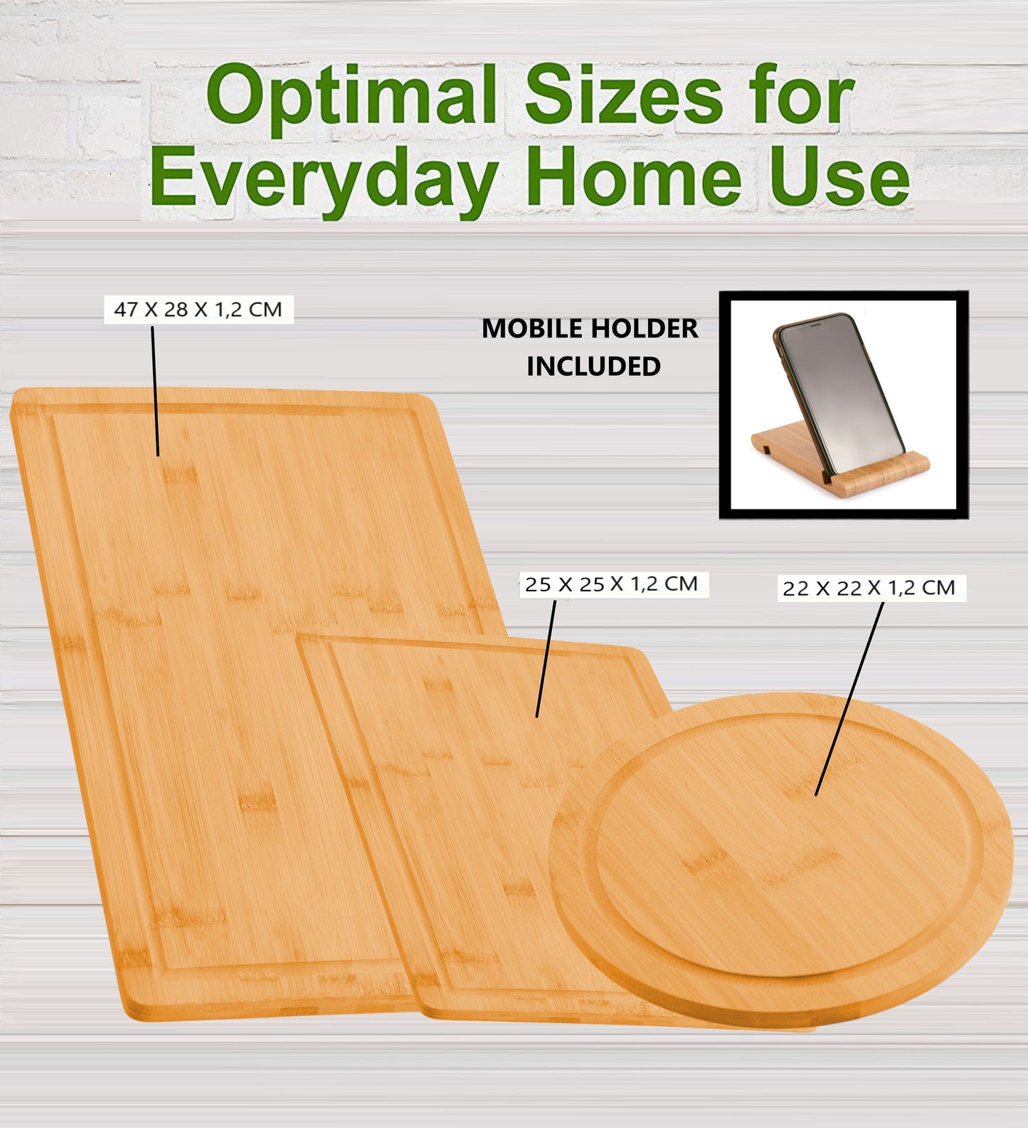 Carla Home 3 Pieces Bamboo Cutting Board With Juice Groove And Mobile Holder Included For Kitchen