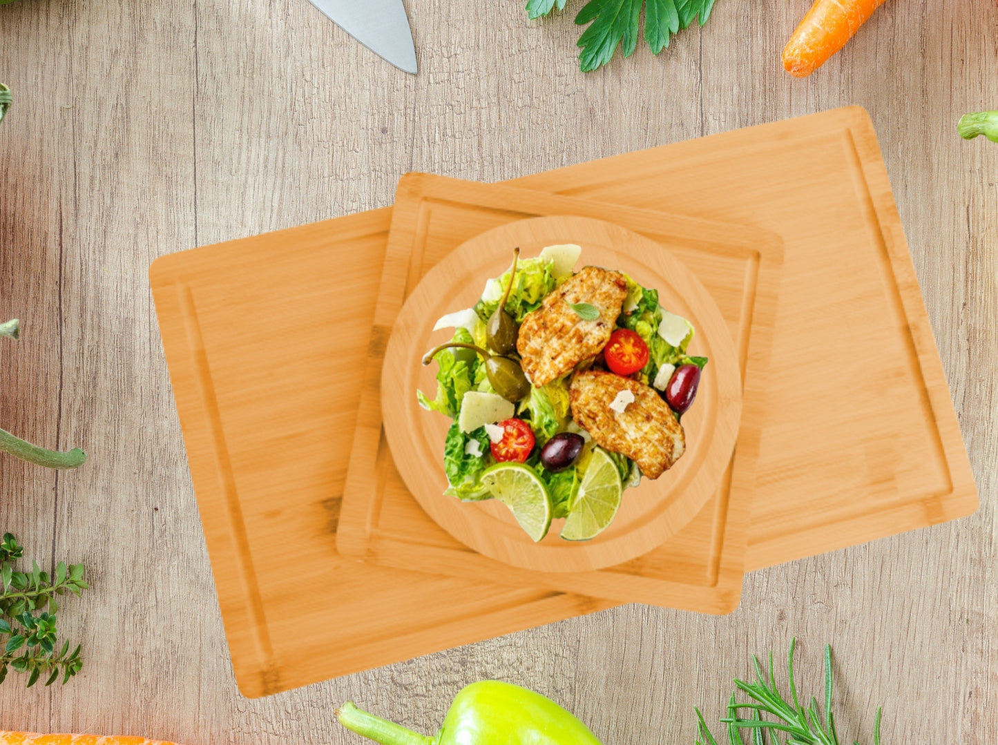 Carla Home 3 Pieces Bamboo Cutting Board With Juice Groove And Mobile Holder Included For Kitchen