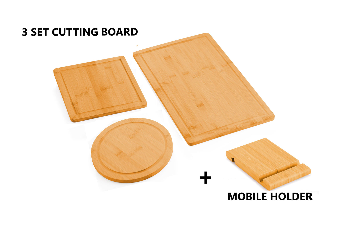 Carla Home 3 Pieces Bamboo Cutting Board With Juice Groove And Mobile Holder Included For Kitchen