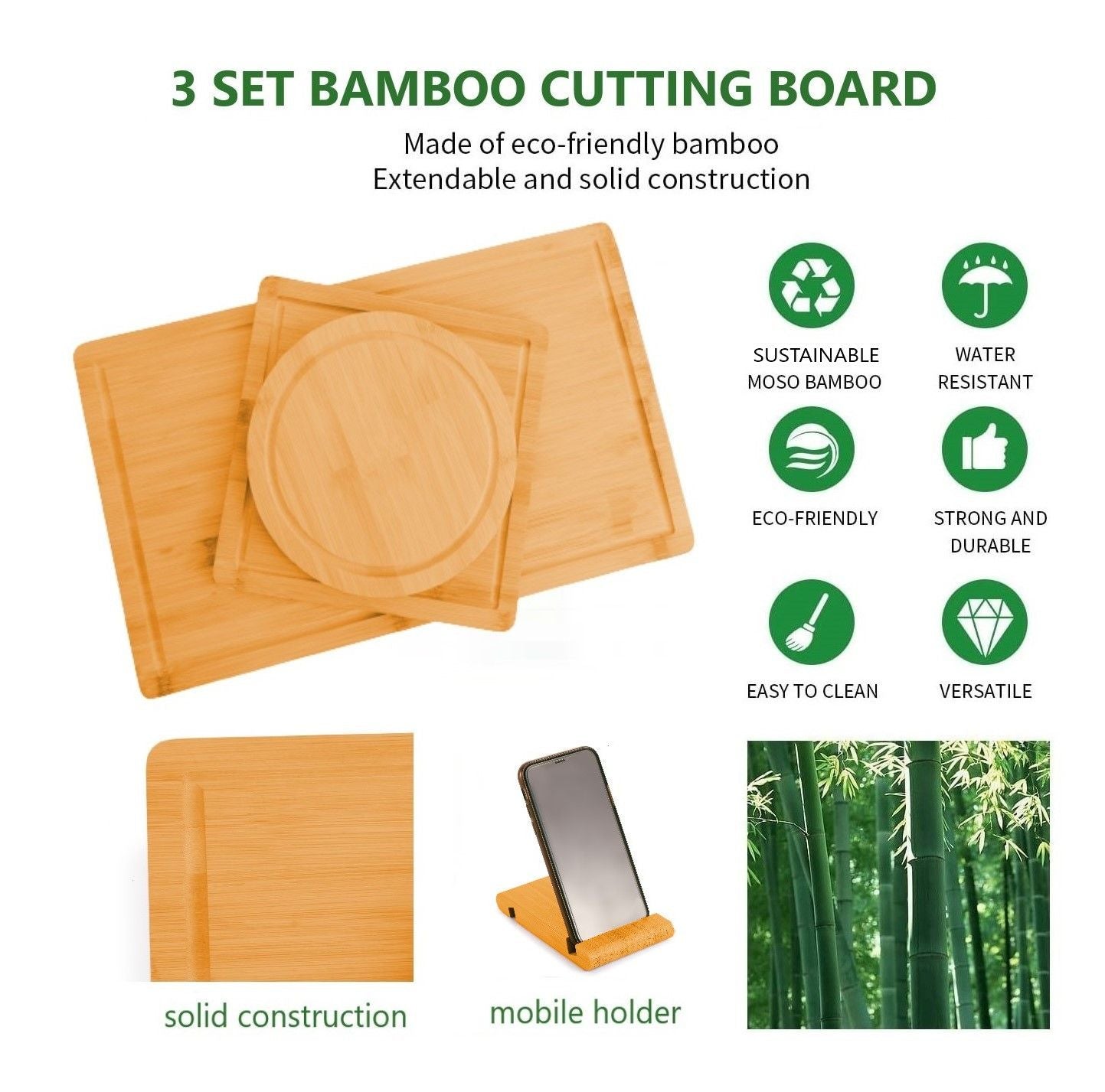 Carla Home 3 Pieces Bamboo Cutting Board With Juice Groove And Mobile Holder Included For Kitchen