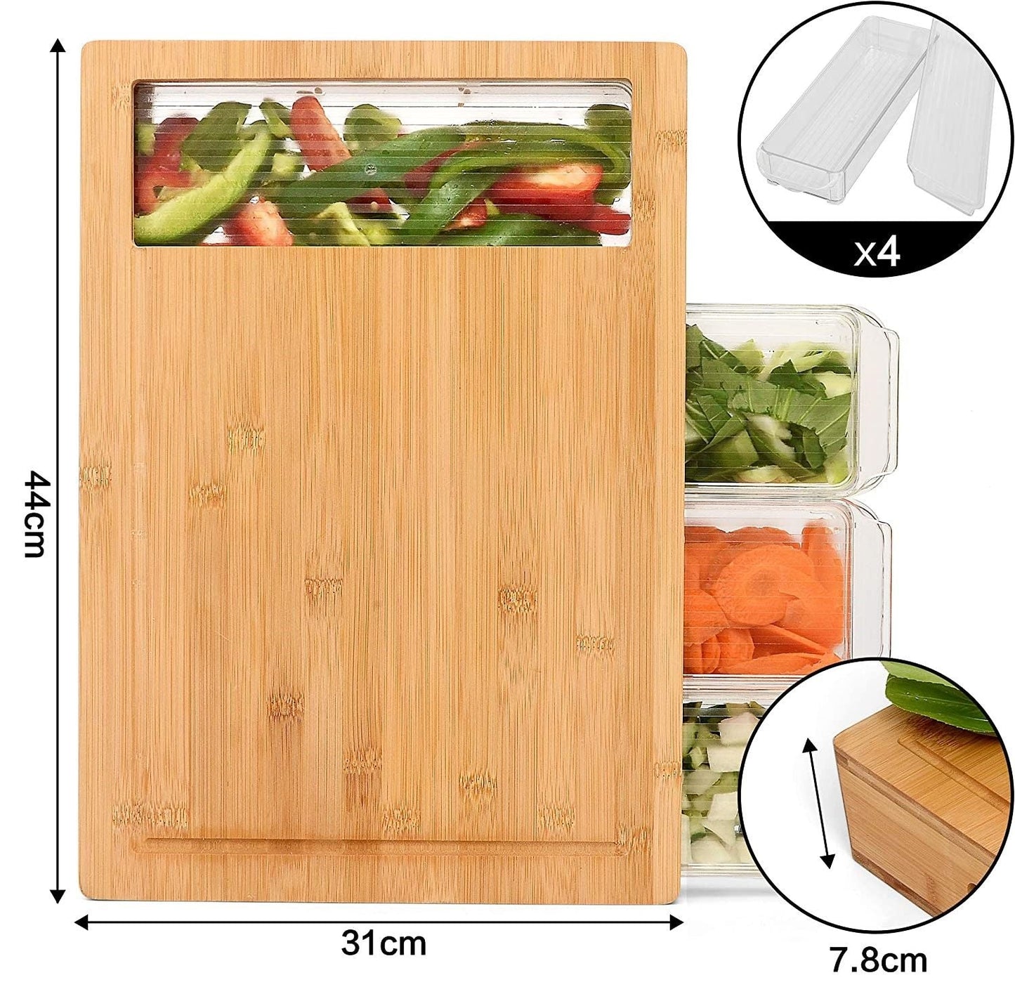 Carla Home Large Bamboo Cutting Board And 4 Containers With Mobile Holder Gift Included For Kitchen