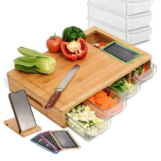 Carla Home Large Bamboo Cutting Board And 4 Containers With Mobile Holder Gift Included For Kitchen