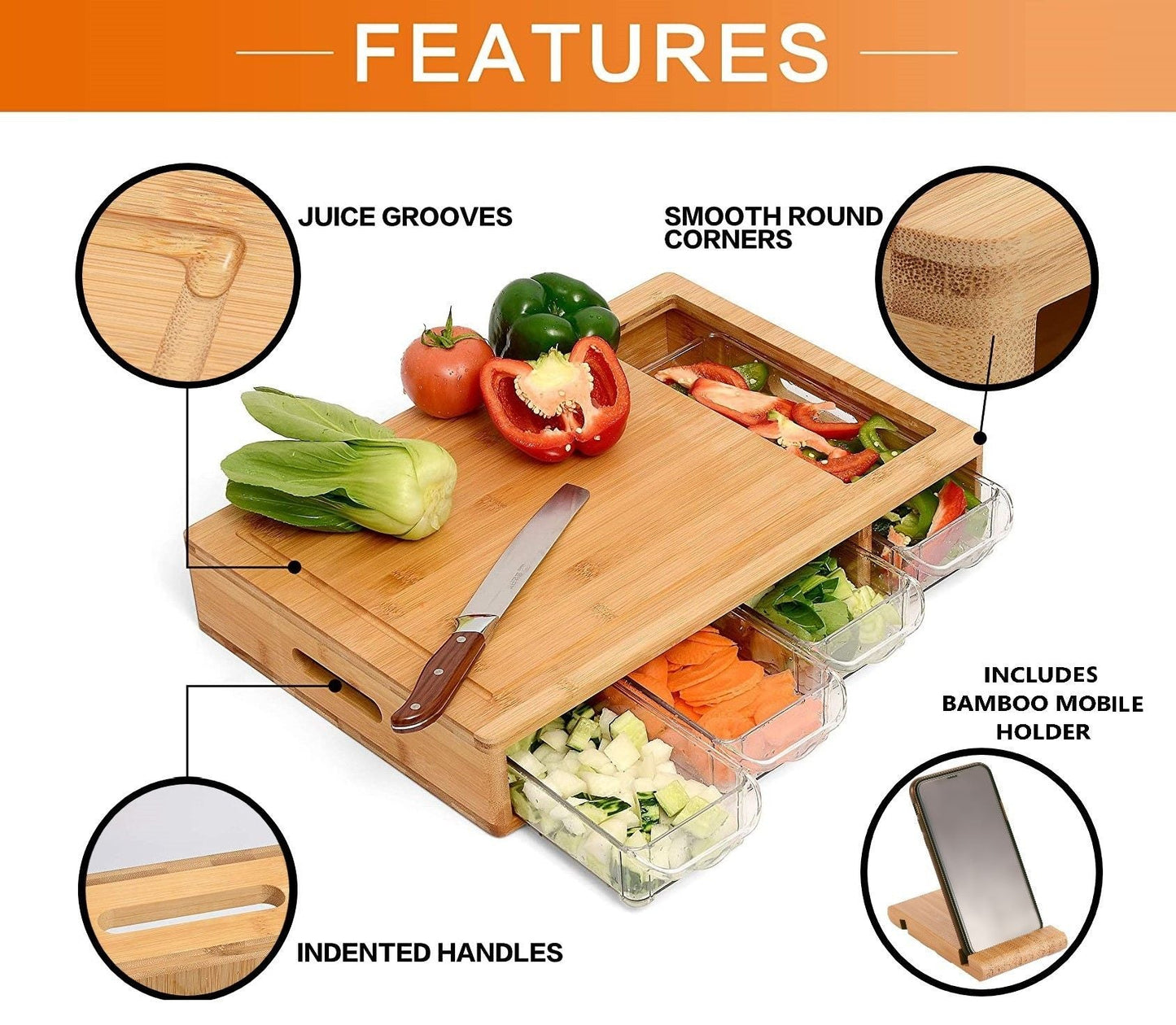 Carla Home Large Bamboo Cutting Board And 4 Containers With Mobile Holder Gift Included For Kitchen
