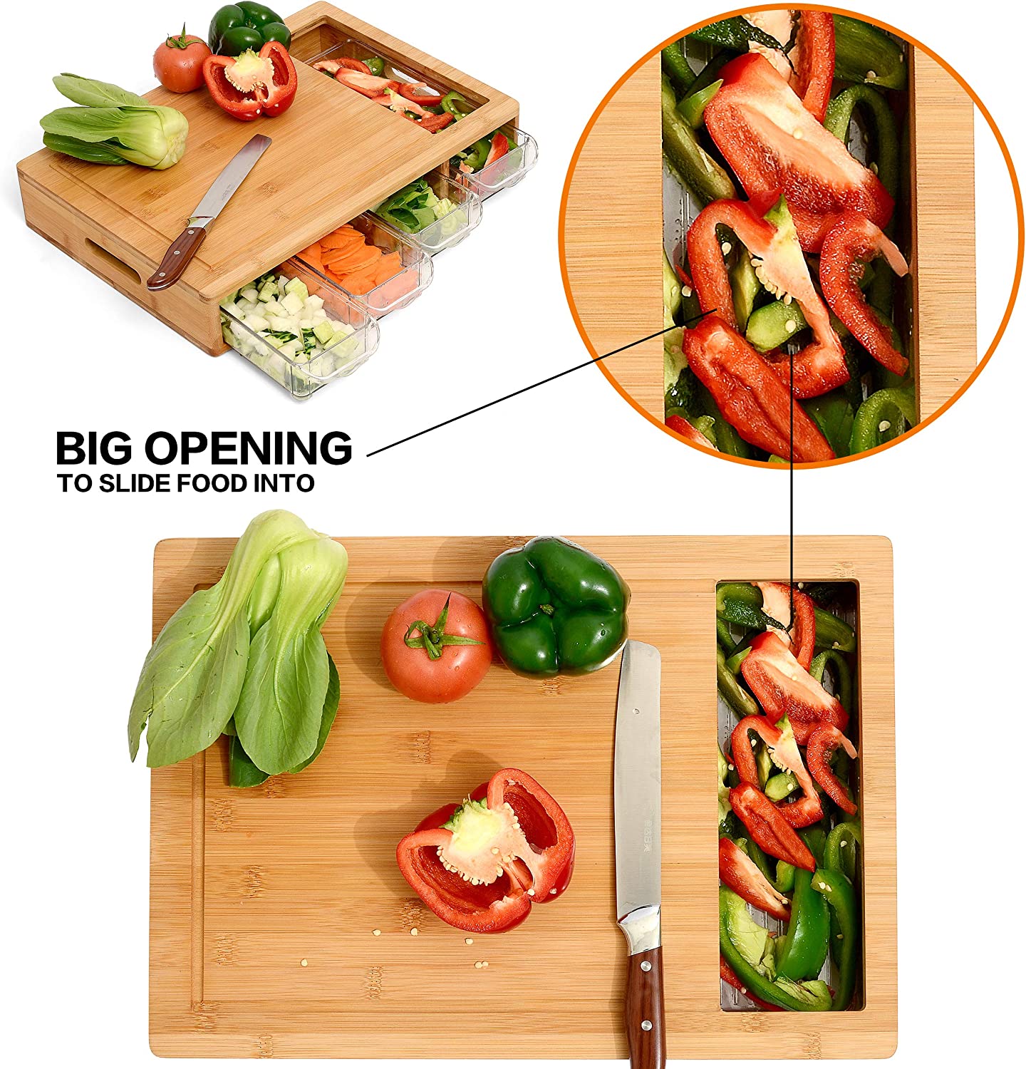Carla Home Large Bamboo Cutting Board And 4 Containers With Mobile Holder Gift Included For Kitchen