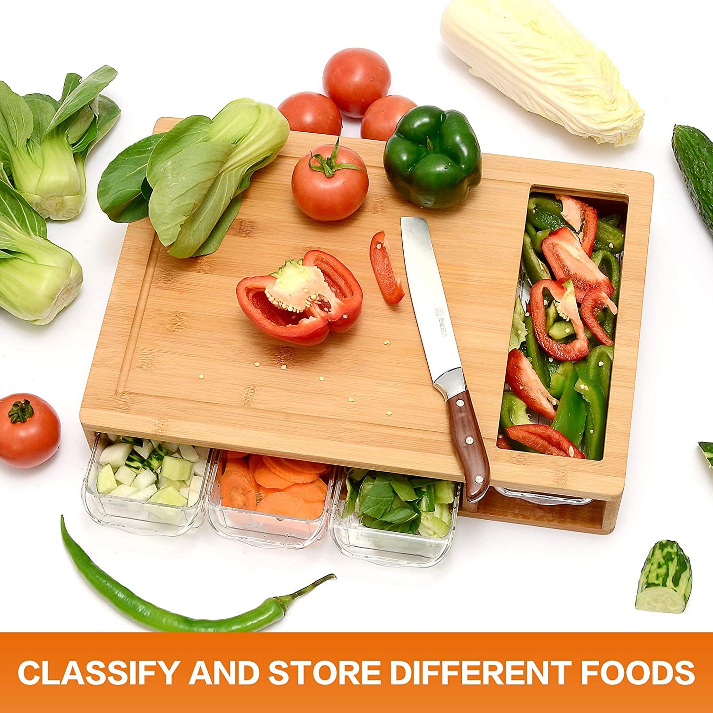 Carla Home Large Bamboo Cutting Board And 4 Containers With Mobile Holder Gift Included For Kitchen