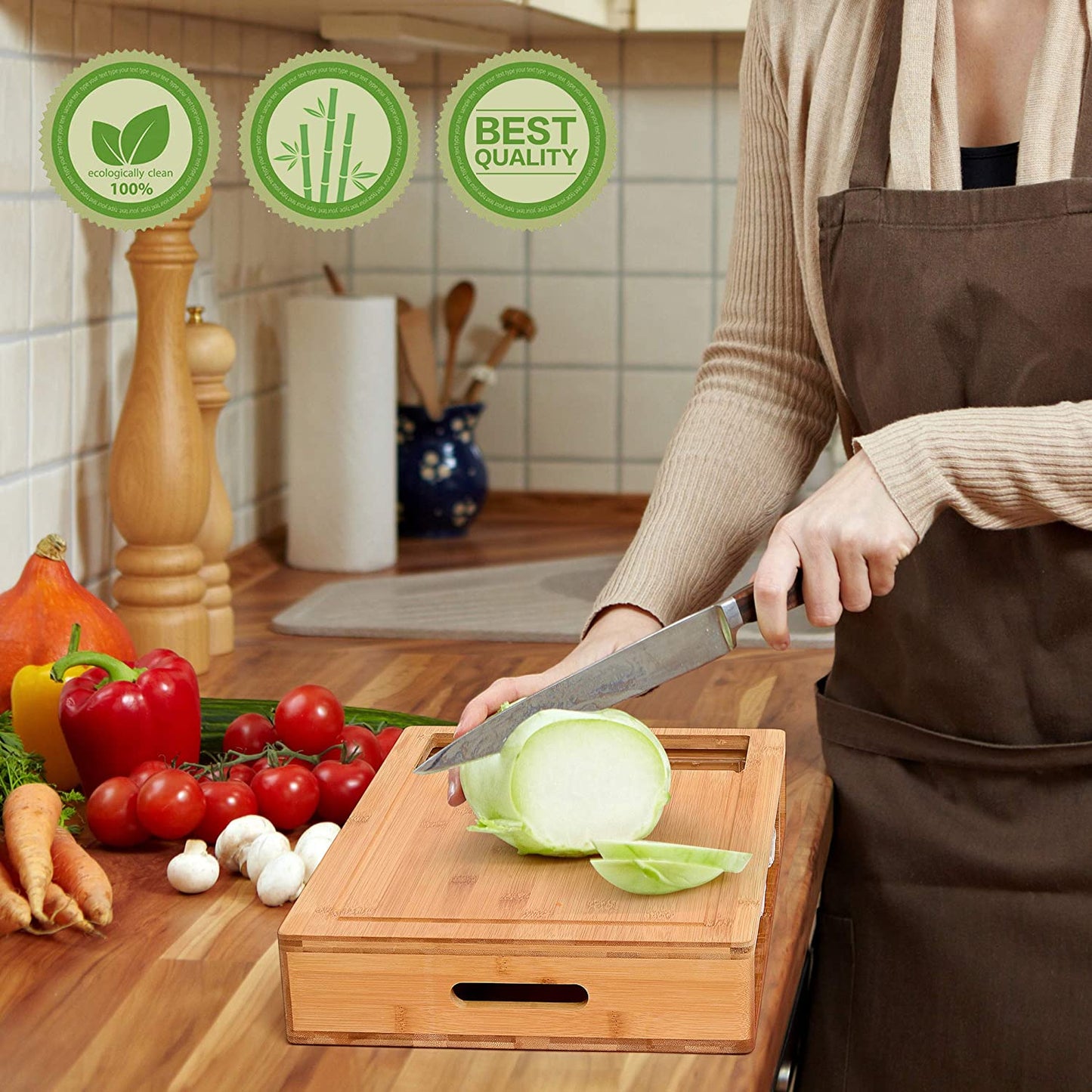 Carla Home Large Bamboo Cutting Board And 4 Containers With Mobile Holder Gift Included For Kitchen