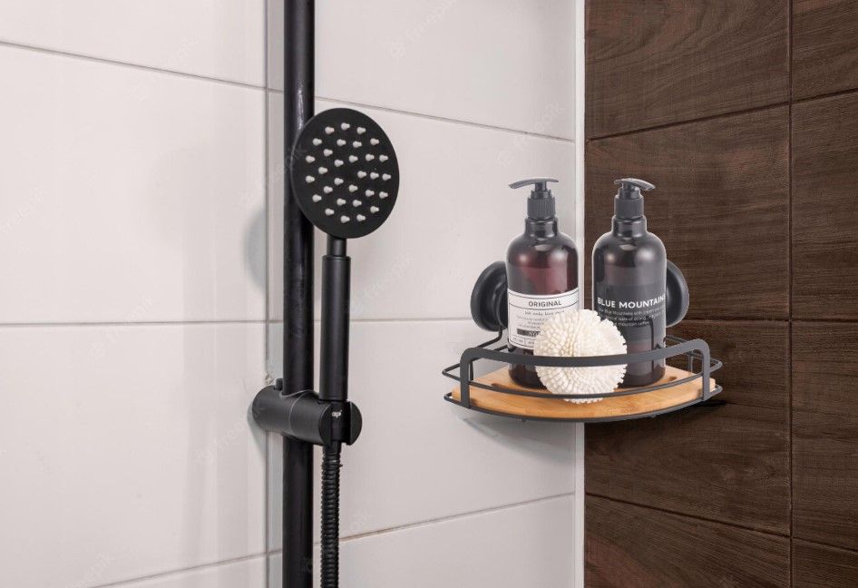 Carla Home 2 Pack Round Bamboo Corner Shower Caddy Shelf Basket Rack With Premium Vacuum Suction Cup No Drilling For Bat
