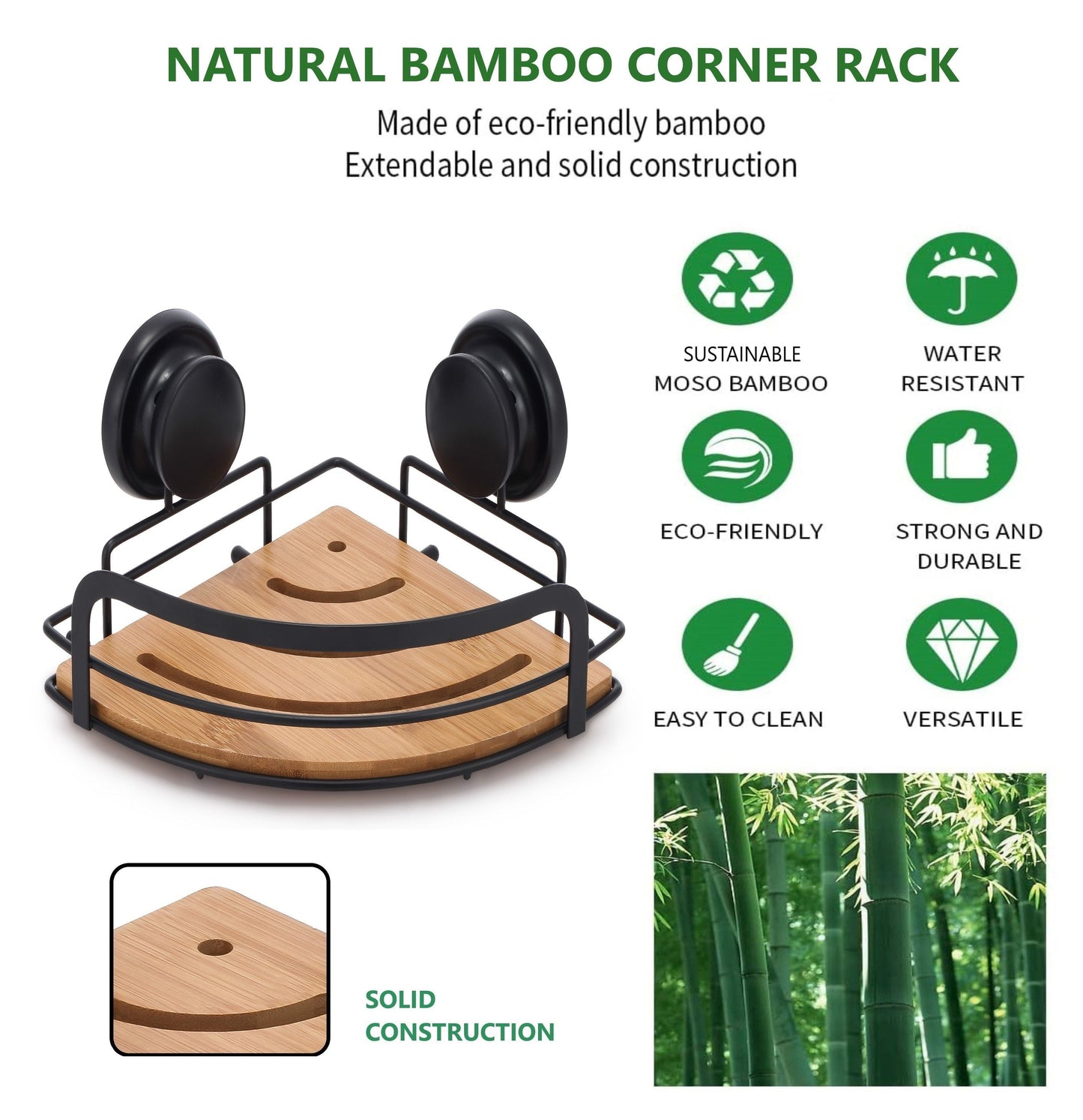Carla Home 2 Pack Round Bamboo Corner Shower Caddy Shelf Basket Rack With Premium Vacuum Suction Cup No Drilling For Bat
