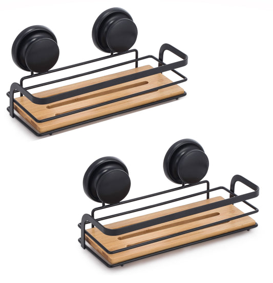 Carla Home 2 Pack Rectangular Bamboo Corner Shower Caddy Shelf Basket Rack With Premium Vacuum Suction Cup No Drilling F