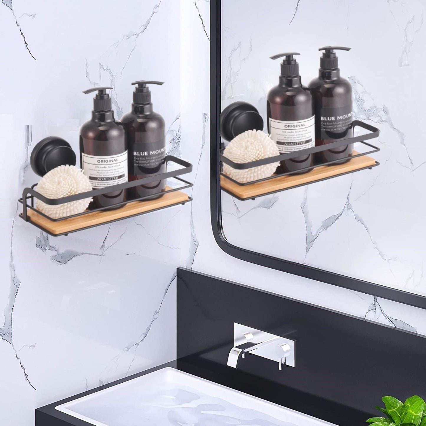 Carla Home 2 Pack Rectangular Bamboo Corner Shower Caddy Shelf Basket Rack With Premium Vacuum Suction Cup No Drilling F