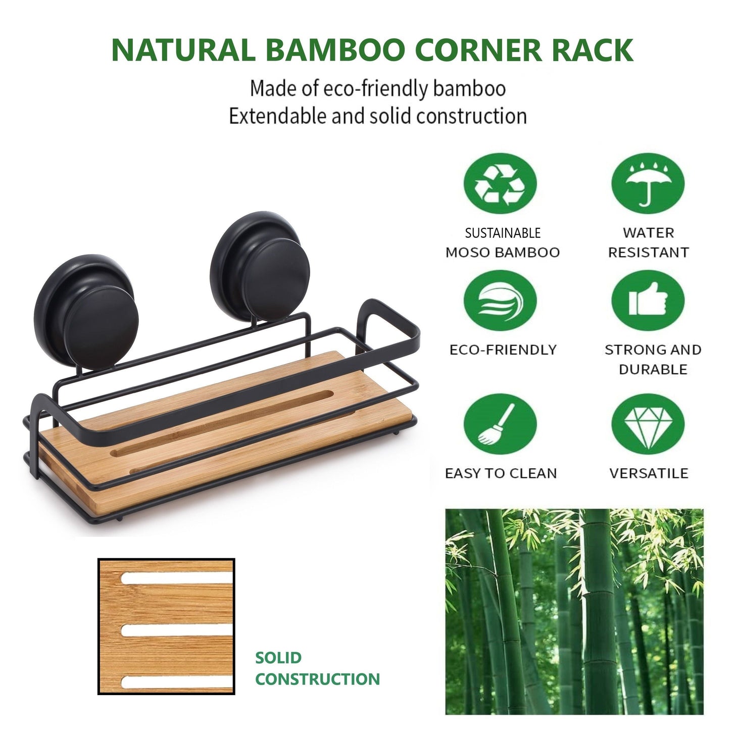 Carla Home 2 Pack Rectangular Bamboo Corner Shower Caddy Shelf Basket Rack With Premium Vacuum Suction Cup No Drilling F