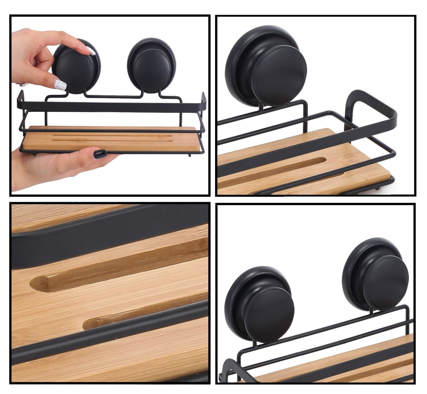 Carla Home 2 Pack Rectangular Bamboo Corner Shower Caddy Shelf Basket Rack With Premium Vacuum Suction Cup No Drilling F