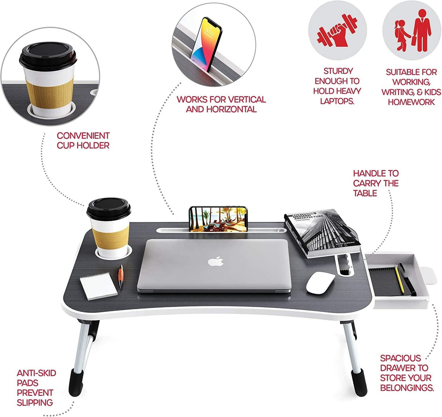 Carla Home Laptop Bed Desk With Storage And Foldable Legs For Adults Kids & Office
