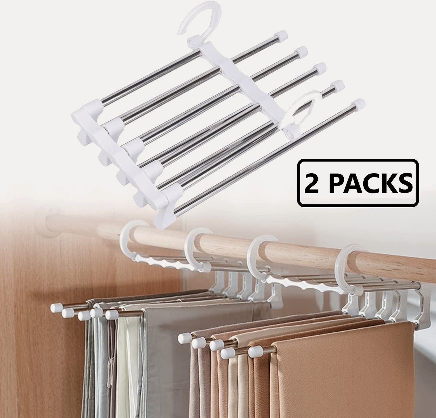 Carla Home 2 Pack Stainless Steel Adjustable 5 In 1 Pants Hangers Non Slip Space Saving For Storage