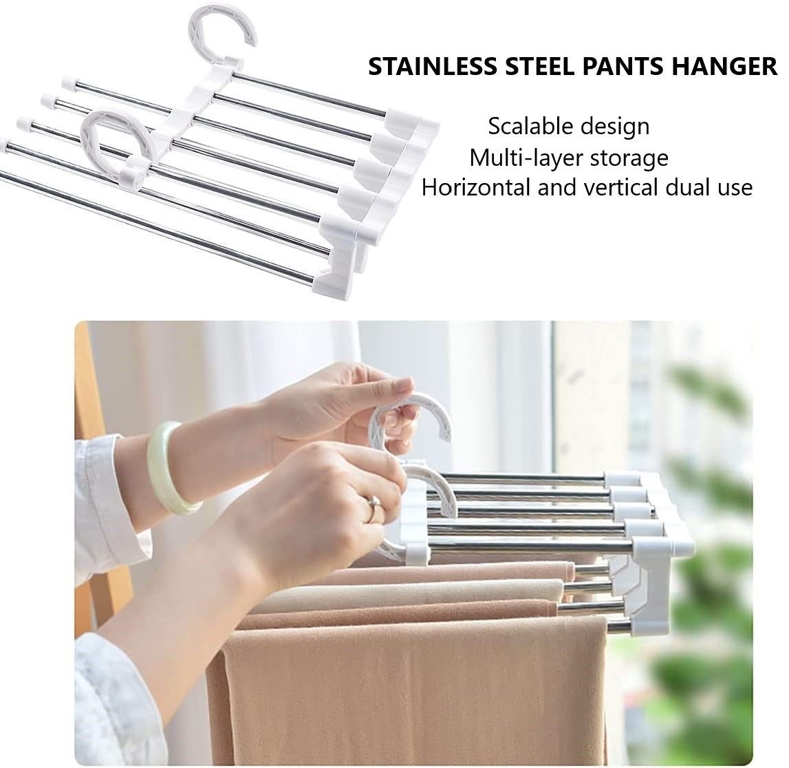 Carla Home 2 Pack Stainless Steel Adjustable 5 In 1 Pants Hangers Non Slip Space Saving For Storage