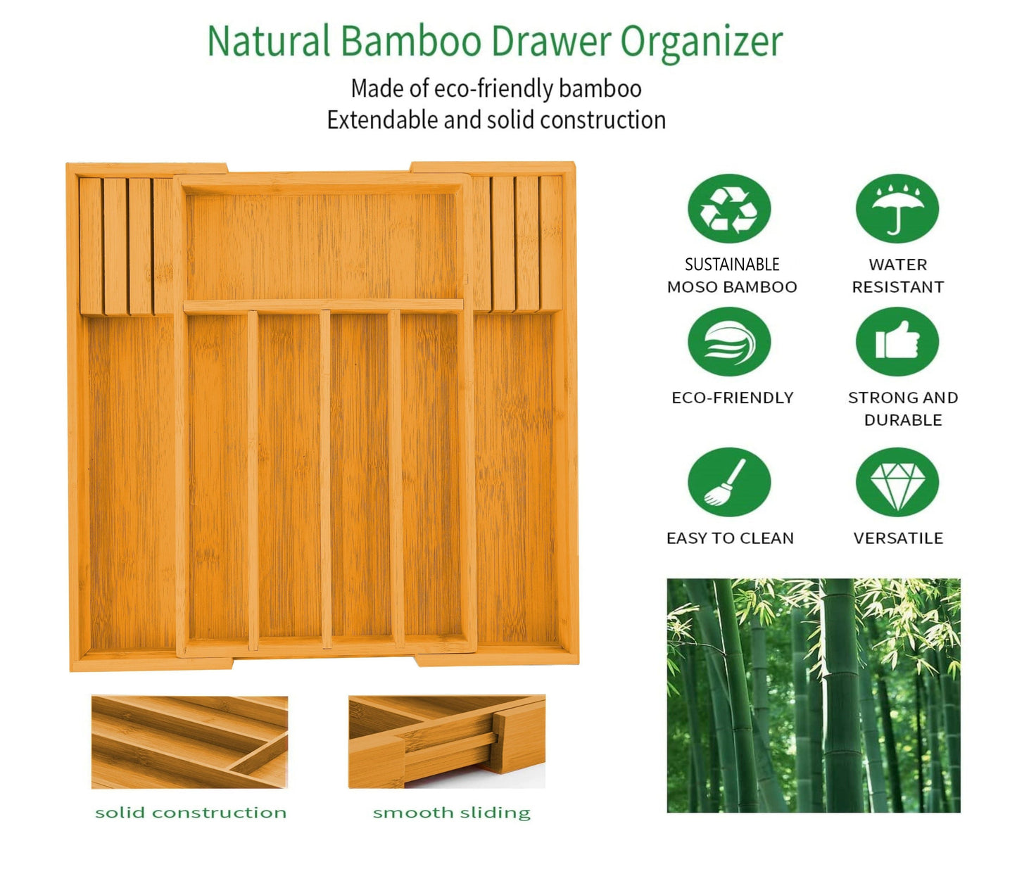2 Pack Large Capacity Bamboo Expandable Drawer Organizer With Knife Block Holder For Home Kitchen Utensils
