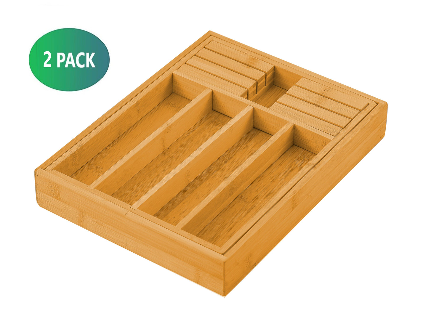 2 Pack Large Capacity Bamboo Expandable Drawer Organizer With Knife Block Holder For Home Kitchen Utensils