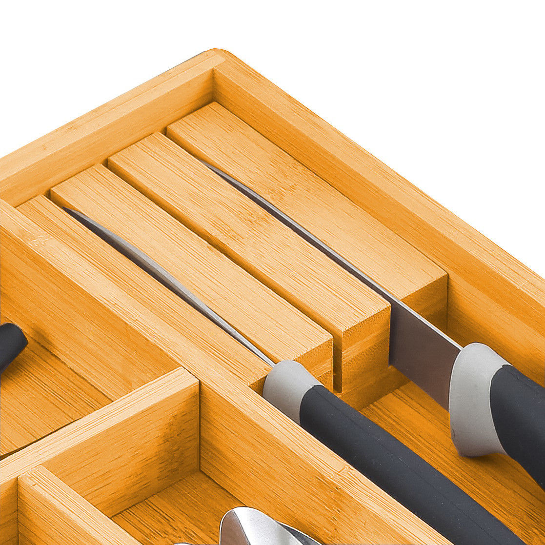 2 Pack Large Capacity Bamboo Expandable Drawer Organizer With Knife Block Holder For Home Kitchen Utensils