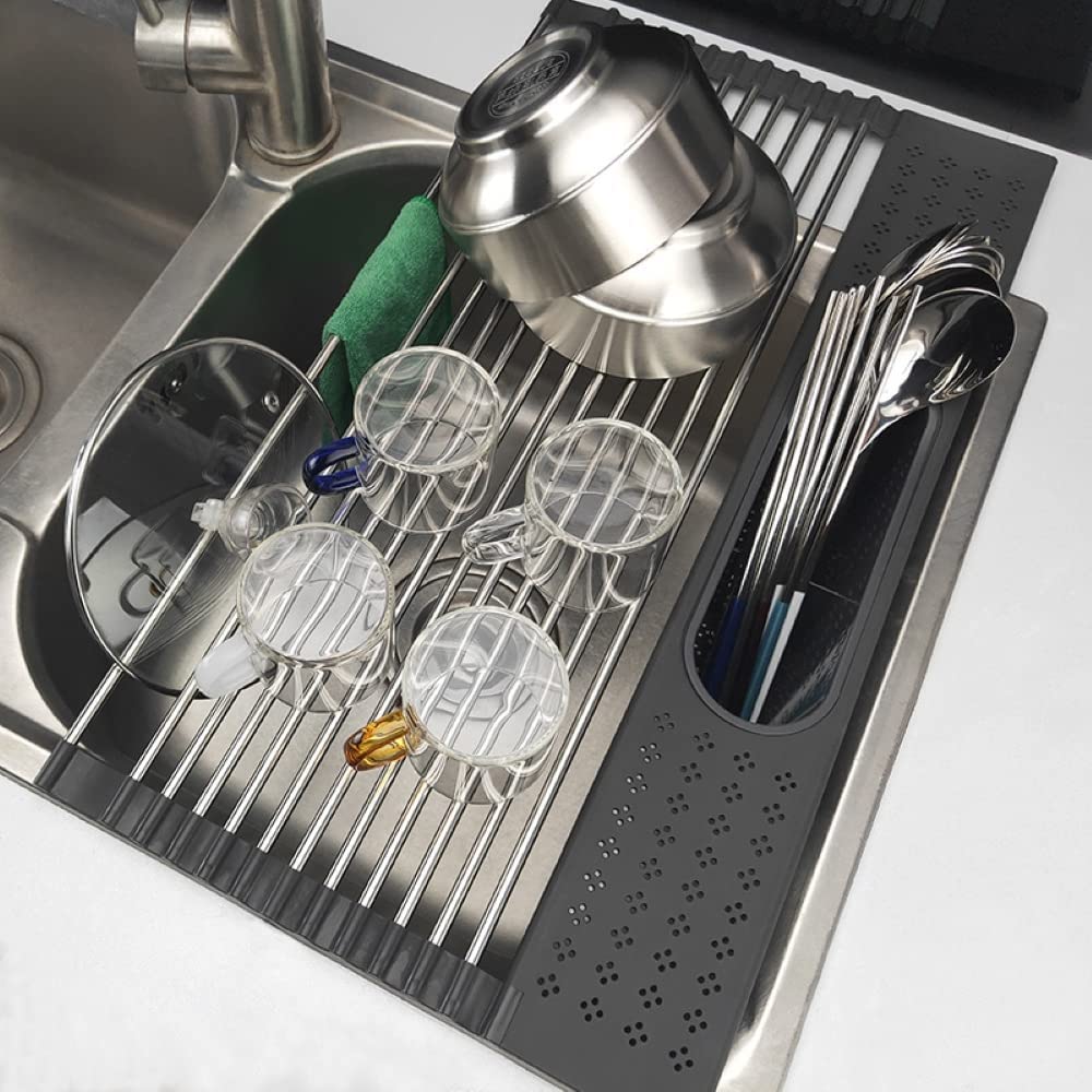2 Pack Large Stainless Steel Roll Up Dish Drying Rack With Utensil Holder For Home Kitchen