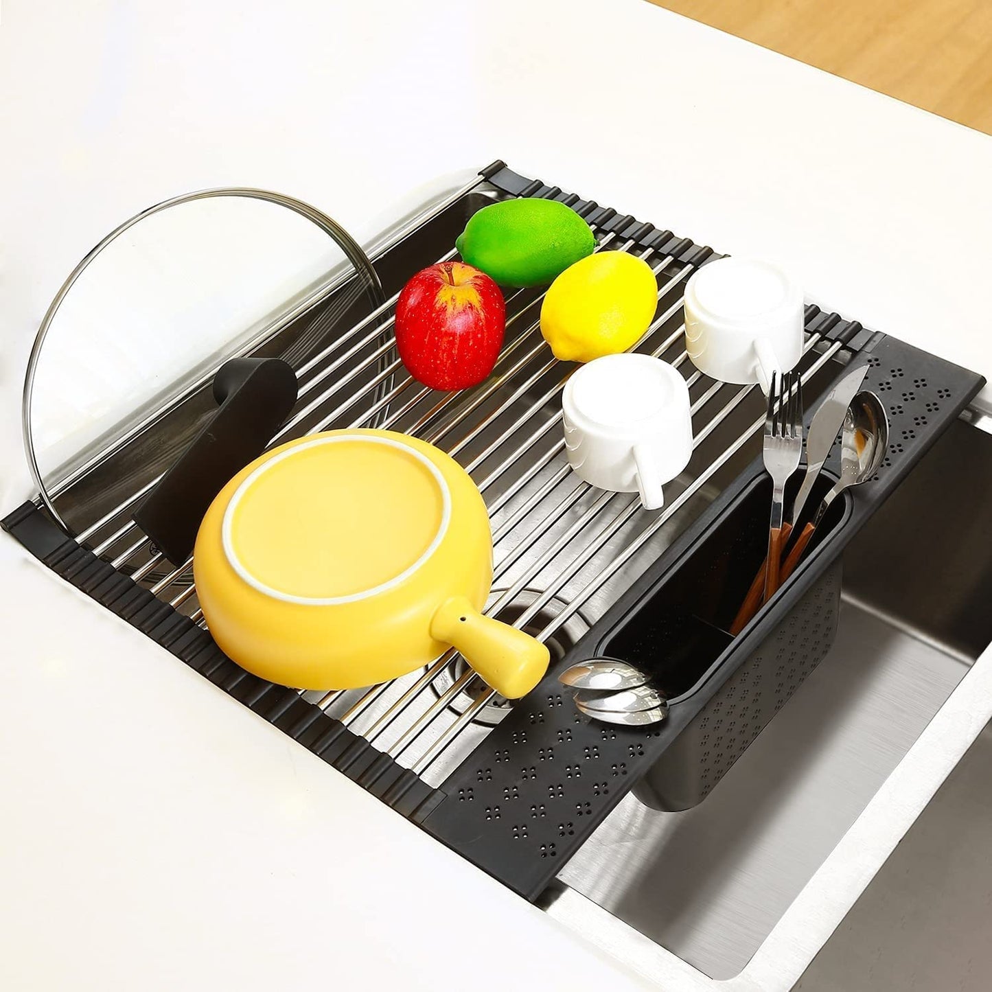 2 Pack Large Stainless Steel Roll Up Dish Drying Rack With Utensil Holder For Home Kitchen