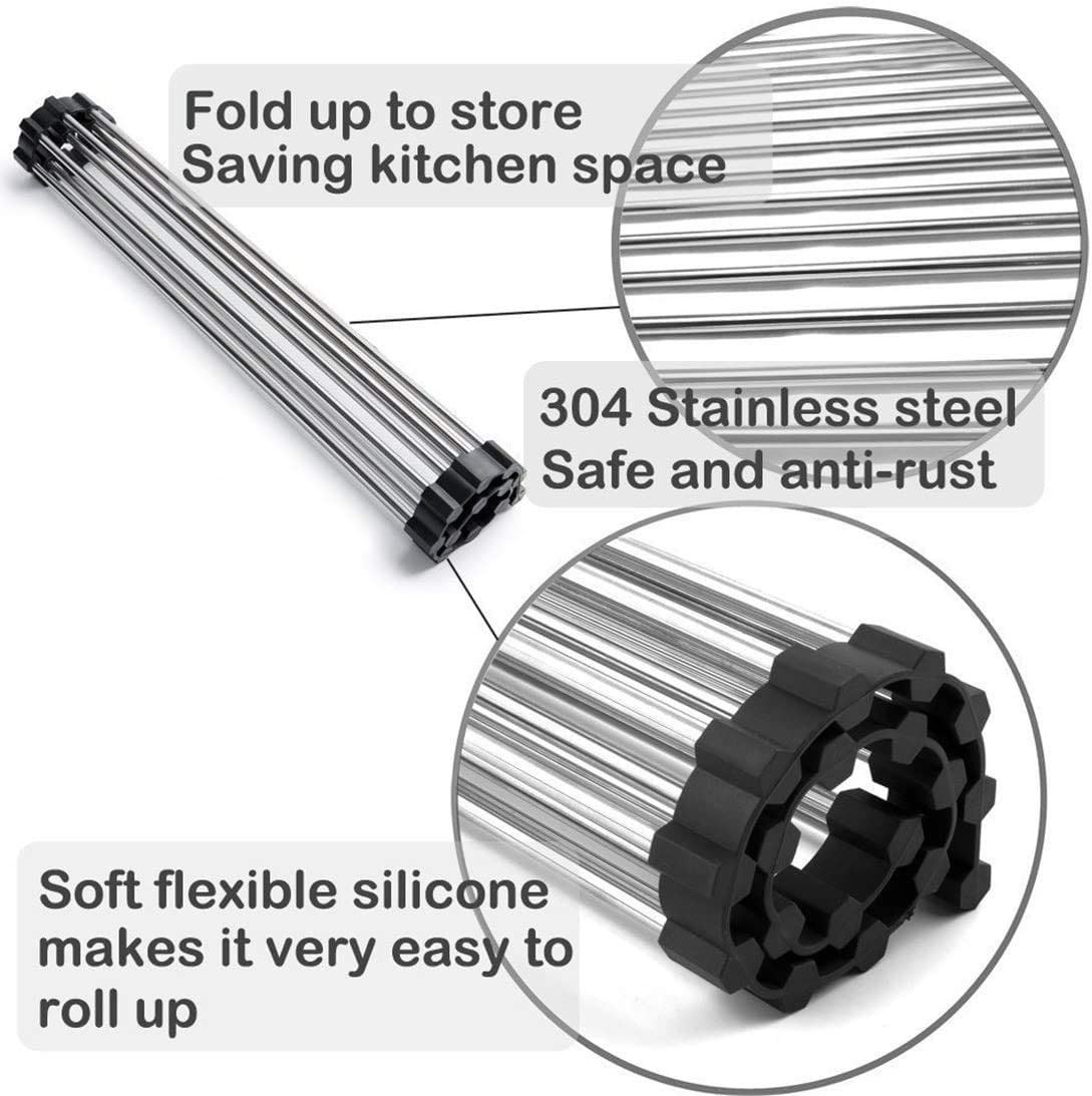 2 Pack Large Stainless Steel Roll Up Dish Drying Rack With Utensil Holder For Home Kitchen