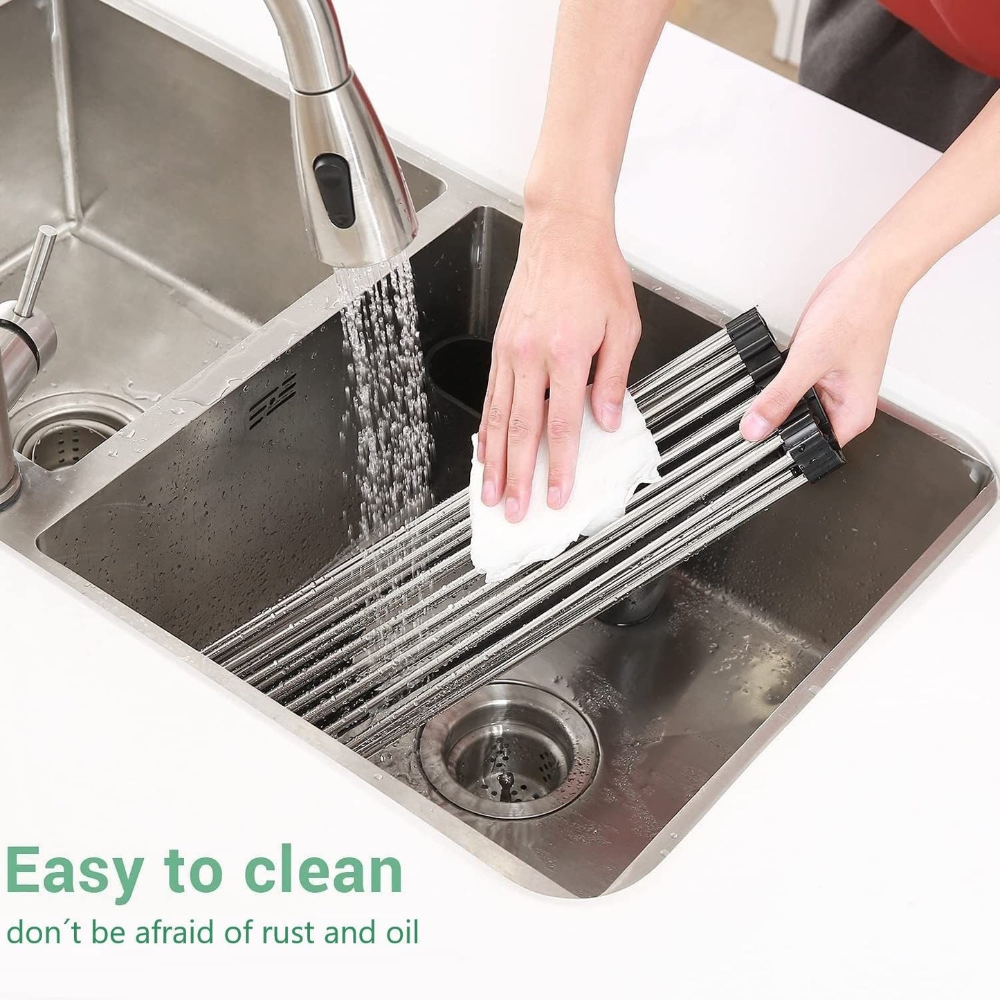 2 Pack Large Stainless Steel Roll Up Dish Drying Rack With Utensil Holder For Home Kitchen