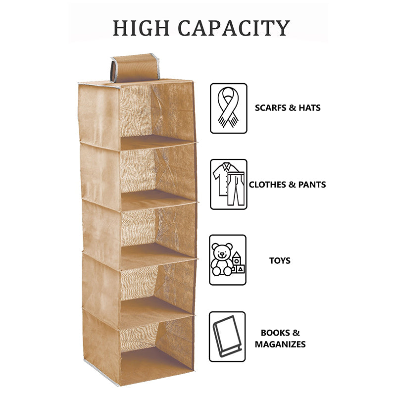 2 Pack 5-Tier Shelf Hanging Closet Organizer And Storage For Clothes (Beige)