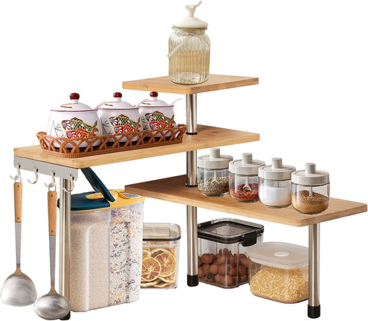 3 Tier Corner Shelf Kitchen Spice Rack Organiser With Hooks For Home Storage & Organisation Adjustable Bamboo Wall Pantr