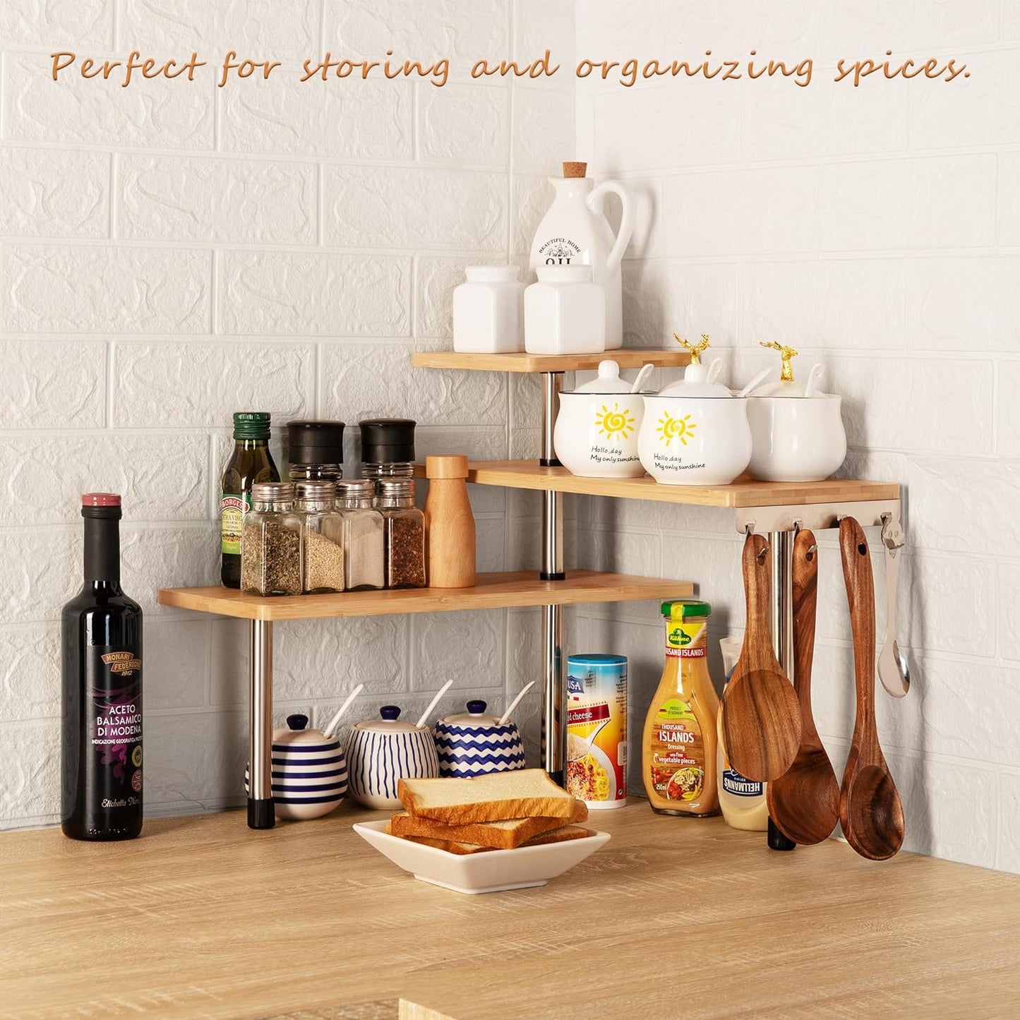 3 Tier Corner Shelf Kitchen Spice Rack Organiser With Hooks For Home Storage & Organisation Adjustable Bamboo Wall Pantr