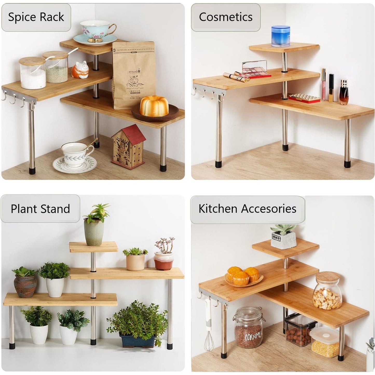 3 Tier Corner Shelf Kitchen Spice Rack Organiser With Hooks For Home Storage & Organisation Adjustable Bamboo Wall Pantr
