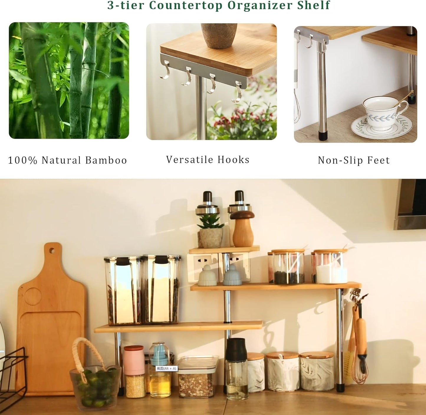 3 Tier Corner Shelf Kitchen Spice Rack Organiser With Hooks For Home Storage & Organisation Adjustable Bamboo Wall Pantr