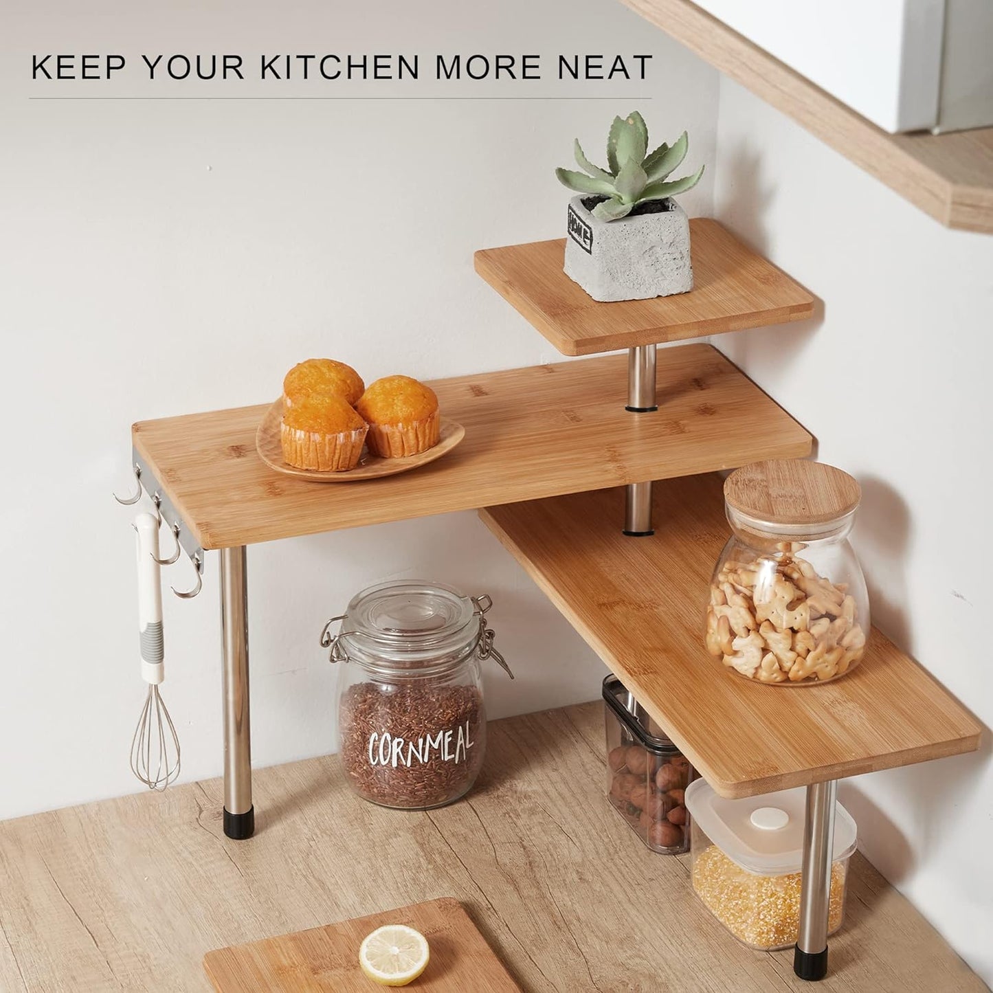 3 Tier Corner Shelf Kitchen Spice Rack Organiser With Hooks For Home Storage & Organisation Adjustable Bamboo Wall Pantr