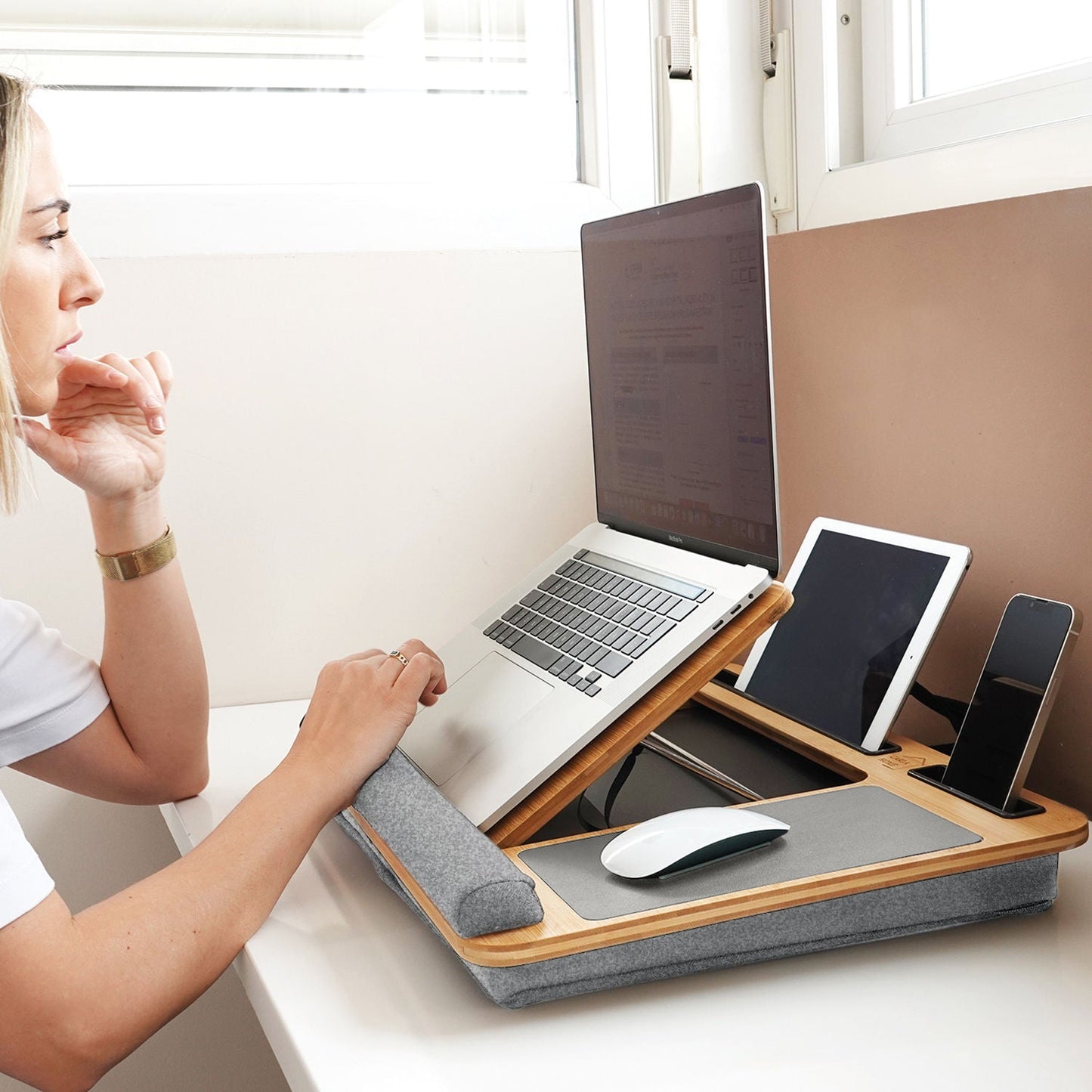 Carla Home Bamboo Laptop Desk With Cushion And Angle Adjustable For Office
