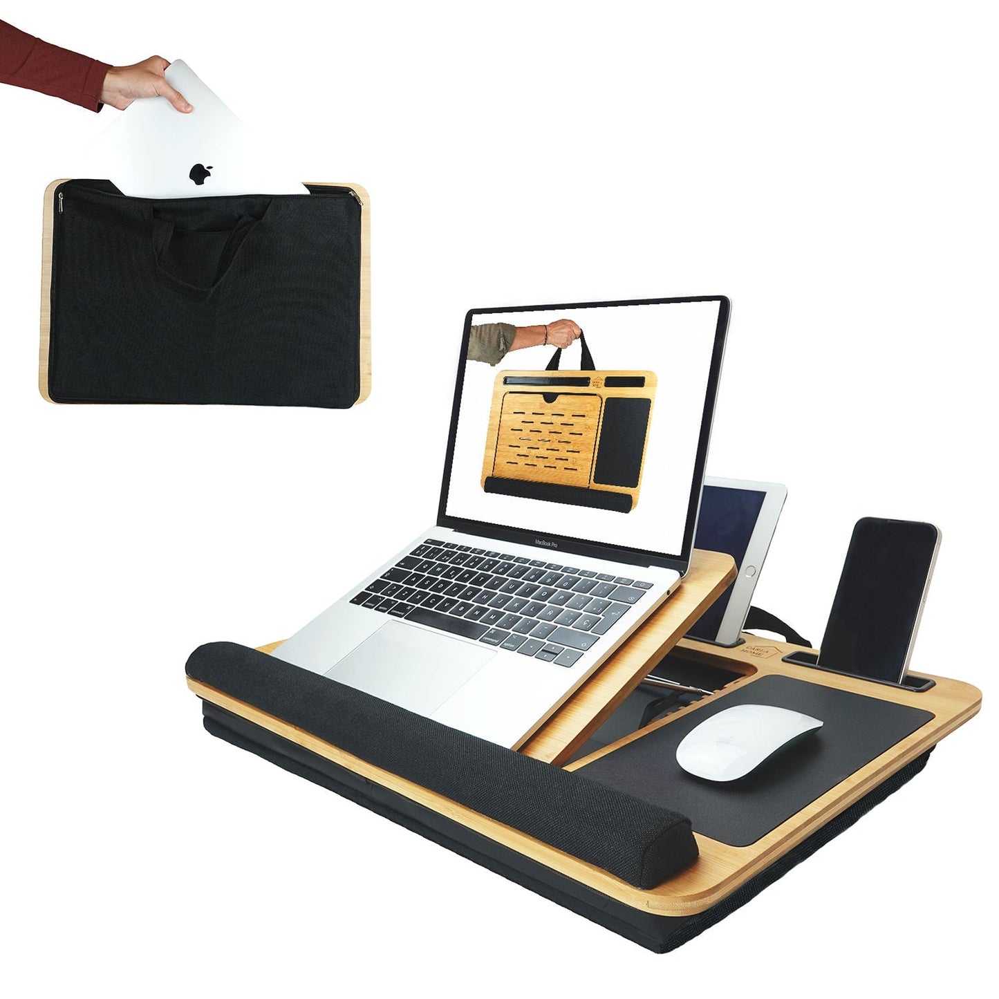 Carla Home Bamboo Laptop Desk With Cushion Angle Adjustable And Sleeve Case Bag For Office