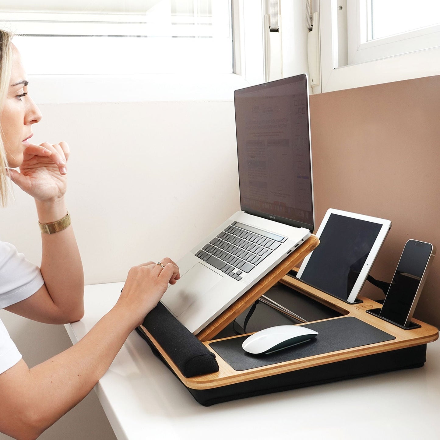 Carla Home Bamboo Laptop Desk With Cushion Angle Adjustable And Sleeve Case Bag For Office