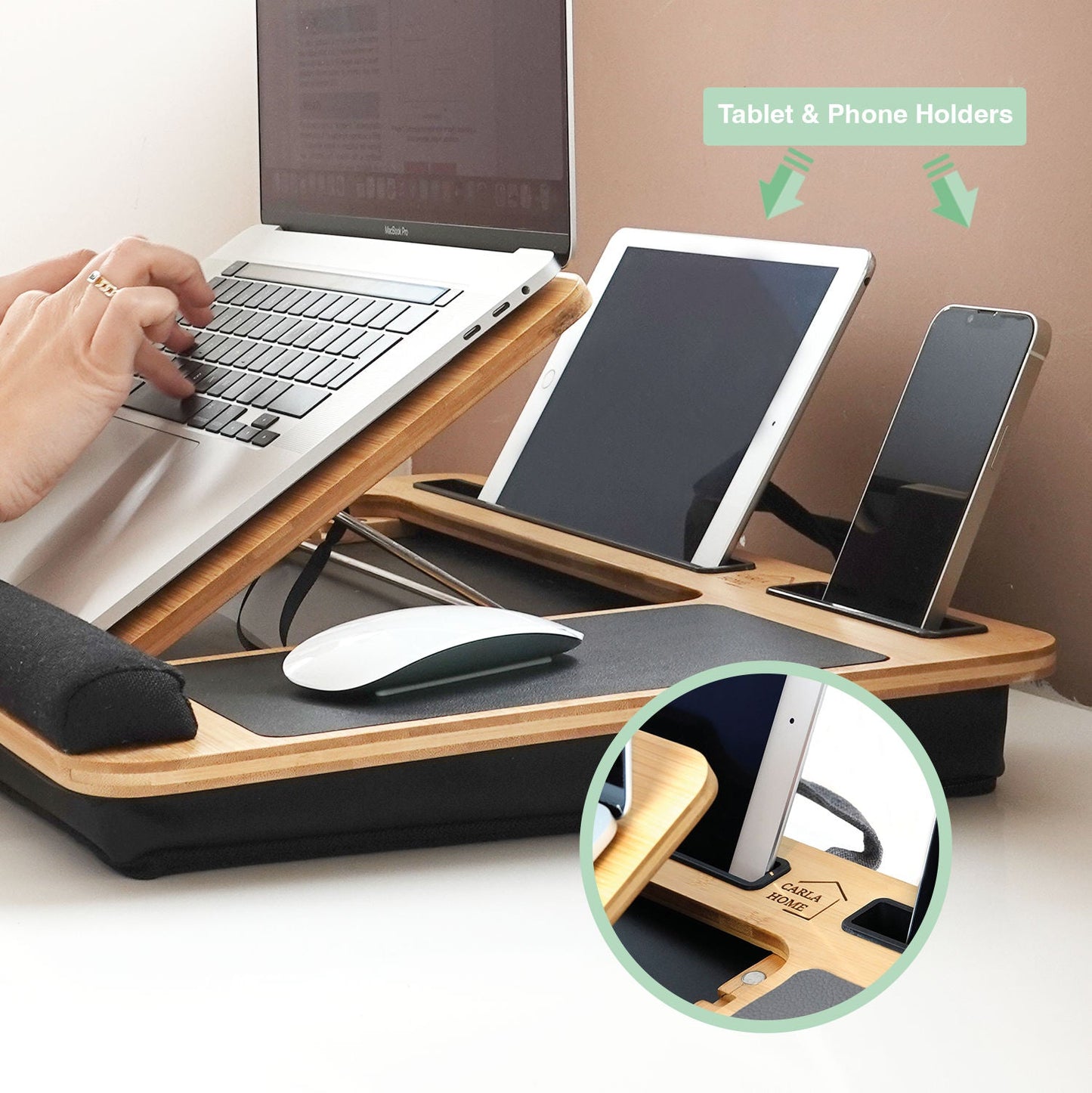 Carla Home Bamboo Laptop Desk With Cushion Angle Adjustable And Sleeve Case Bag For Office