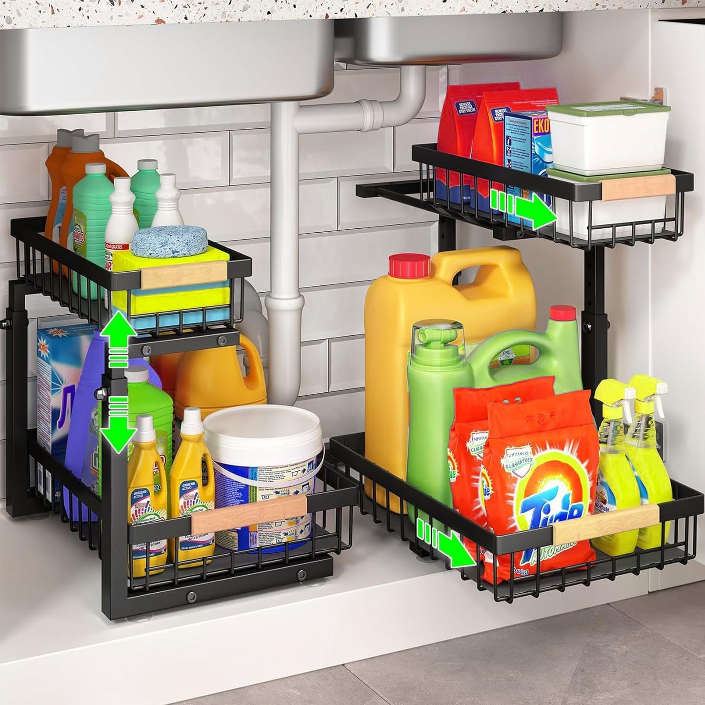 Carla Home 2 Tier Kitchen Under Sink Organiser Storage With Height Adjustable Unique Slide Rail & Suction Cups For