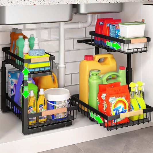 Carla Home 2 Tier Kitchen Under Sink Organiser Storage With Height Adjustable Unique Slide Rail & Suction Cups For