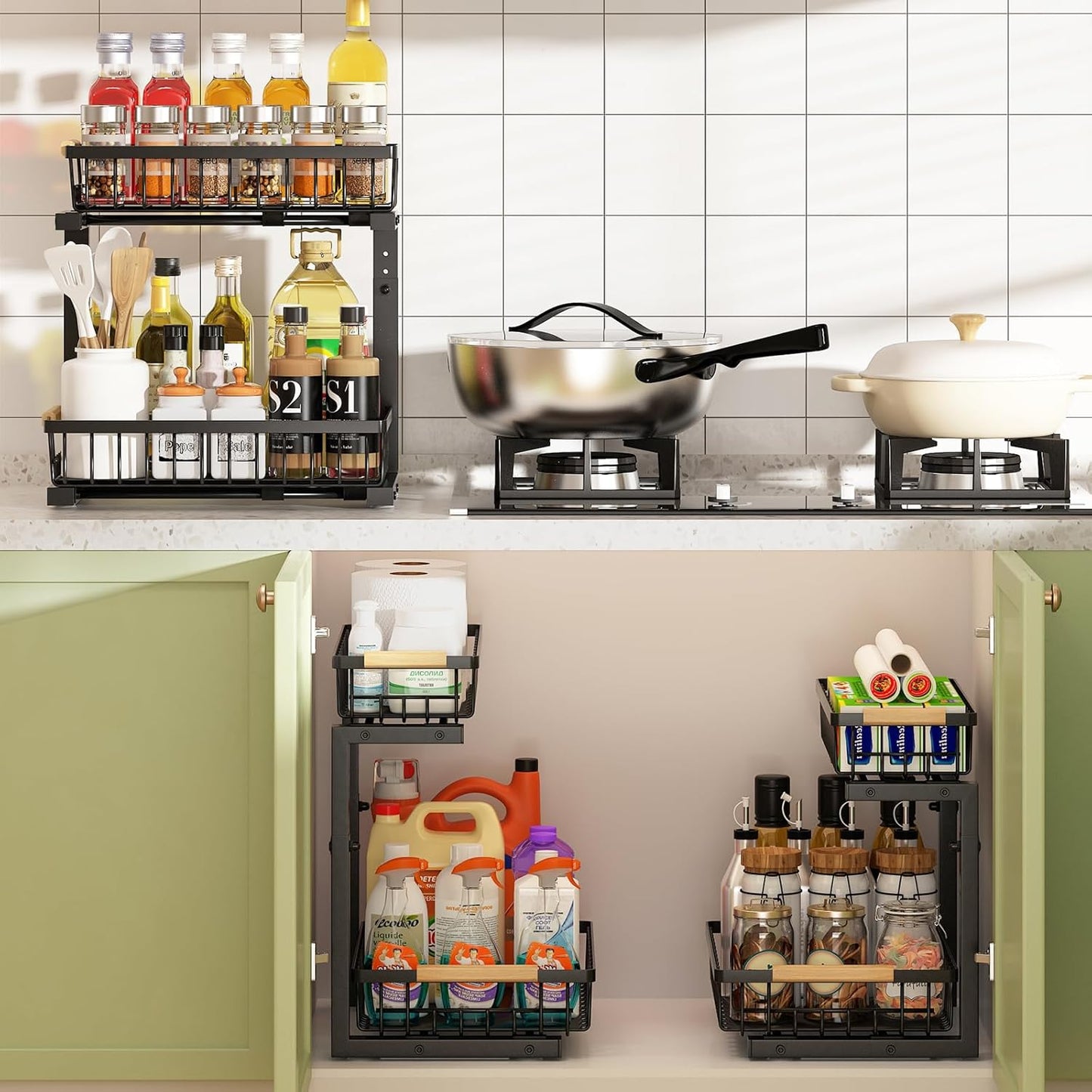 Carla Home 2 Tier Kitchen Under Sink Organiser Storage With Height Adjustable Unique Slide Rail & Suction Cups For