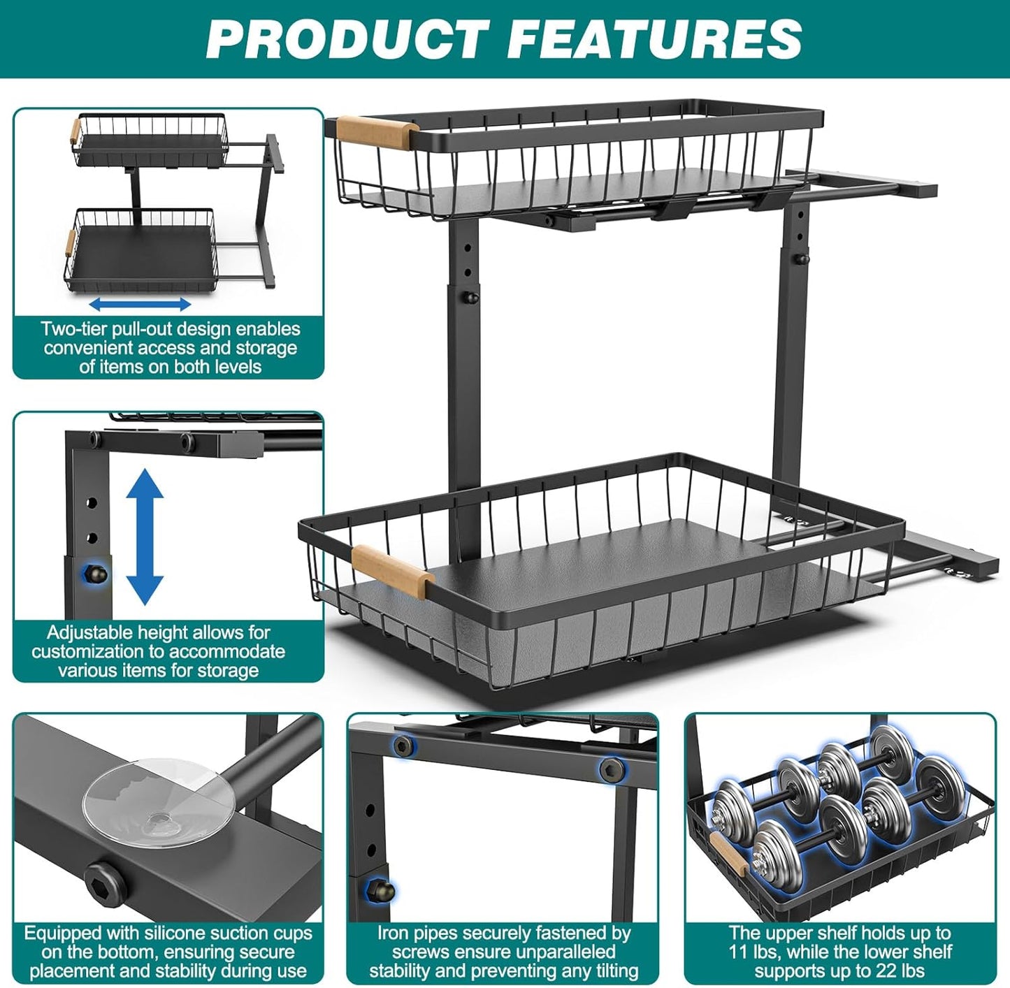 Carla Home 2 Tier Kitchen Under Sink Organiser Storage With Height Adjustable Unique Slide Rail & Suction Cups For