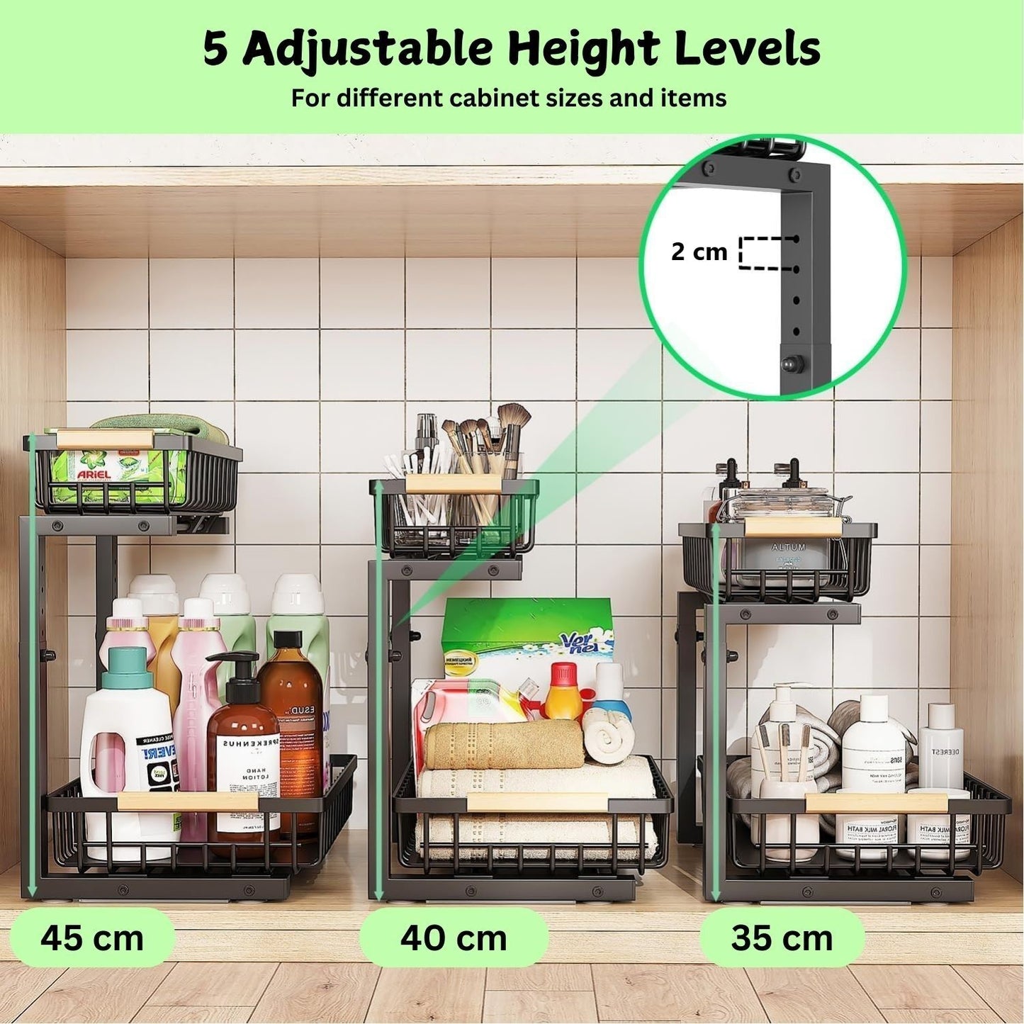 Carla Home 2 Tier Kitchen Under Sink Organiser Storage With Height Adjustable Unique Slide Rail & Suction Cups For